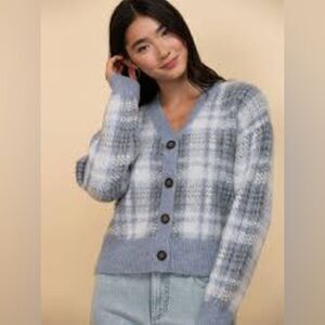 CUPCAKES & CASHMERE XS Blue Windowpane Plaid Cardigan Sweater